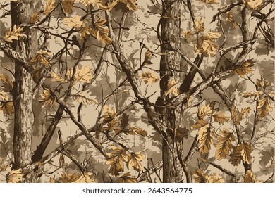 Realistic forest camouflage pattern for hunting. Hunting Seamless pattern.An illustration of camouflage wallpaper featuring oak leaves and branches in earth tones and seamlessly blending .