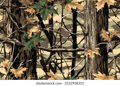 Realistic forest camouflage. pattern. Tree, branches, green and brown oak leaves. Useable for hunting and military purposes.