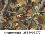 Realistic forest camouflage. Seamless pattern. Conifer and oak branches and leaves. Useable for hunting and military purposes.