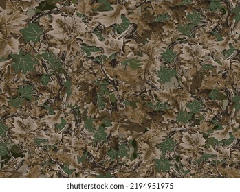 Realistic forest camouflage. Seamless pattern. oak branches and leaves. Useable for hunting and photography purposes. Seamless vector illustration. Classic clothing style masking camo repeat print.