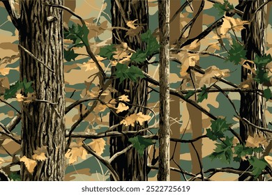 Realistic forest camouflage. Seamless pattern. Conifer tree, branches and leaves. Useable for hunting and military purposes.