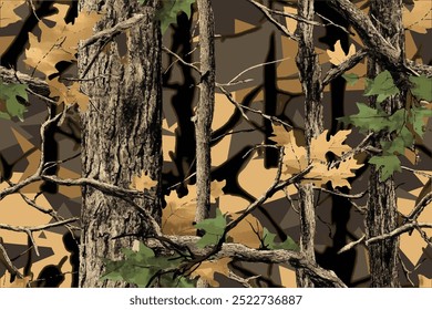 Camuflaje realista del bosque. Patrón sin fisuras. Árbol de coníferas, ramas y hojas. Utilizable para la caza y fines militares.