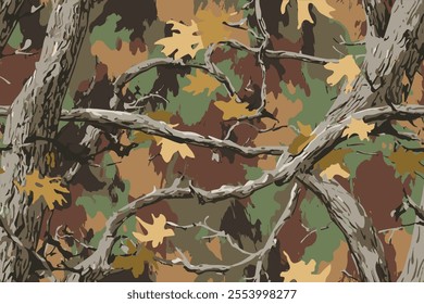 Realistic forest camouflage. Seamless pattern. Conifer and oak branches and leaves. Useable for hunting and military purposes.