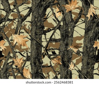 Realistic forest camouflage. Seamless pattern. Hunting camouflage pattern. Trees, branches, green and brown leaves. Useable for hunting and military purposes. 