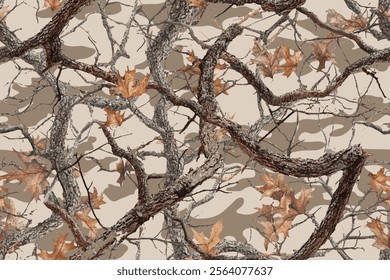 Realistic forest camouflage. Seamless pattern. Vector camouflage pattern. Deer hunting background. Conifer tree, branches and leaves. Useable for hunting and military purposes.