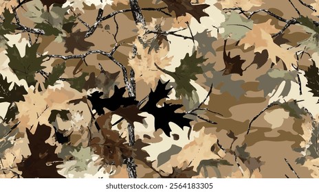 Realistic forest camouflage. Seamless pattern. Tree, branches, green and brown oak leaves. Gray blur background. Useable for hunting and military purposes.