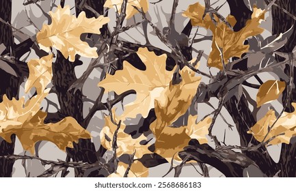 Realistic forest camouflage. Seamless pattern. Trees, branches, green and brown oak leaves. Useable for hunting and military purposes. Hunting camo texture. Abstract camouflage
