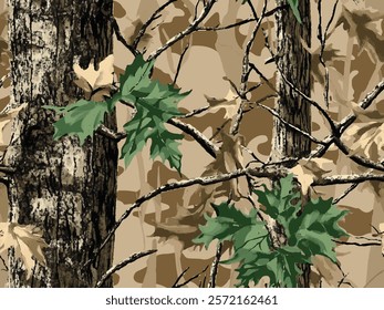 Realistic forest camouflage. Seamless pattern. Trees, branches, green and brown oak leaves. Hunting camouflage background. Useable for hunting and military purposes. Vector camo