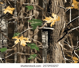 Realistic forest camouflage. Seamless pattern.  Hunting camo texture. Abstract camouflage. Trees, branches, green and brown oak leaves. Useable for hunting and military purposes.
