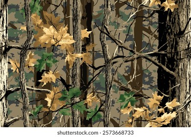Realistic forest camouflage. Seamless pattern. Trees, branches, green and brown oak leaves. Useable for hunting and military purposes.