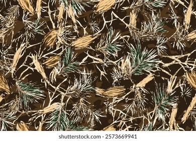 Realistic forest camouflage. Seamless pattern. Tree, branches, green and brown oak leaves. Gray blur background. Useable for hunting and military purposes.