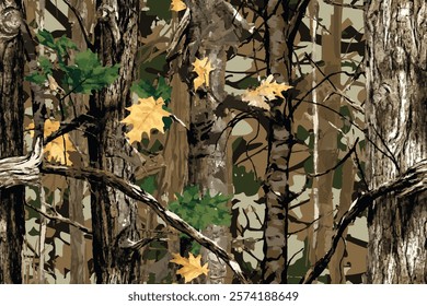 Realistic forest camouflage. Seamless pattern.  Hunting camo texture. Abstract camouflage. Trees, branches, green and brown oak leaves. Useable for hunting and military purposes.