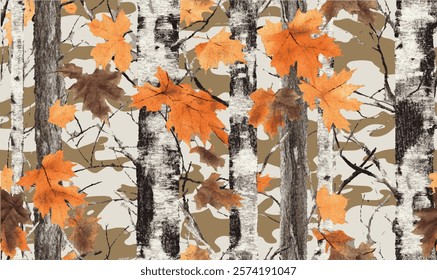 Realistic forest camouflage. Seamless pattern. Conifer and oak branches and leaves. Useable for hunting and military purposes.