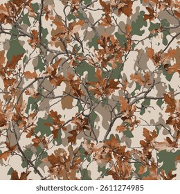 Realistic forest camouflage. Seamless pattern. Vector camouflage pattern. Deer hunting background. Conifer tree, branches and leaves. Useable for hunting and military purposes.