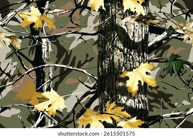 Realistic forest camouflage. Seamless pattern. Conifer tree, branches and leaves. Useable for hunting and military purposes. Vector camouflage background.