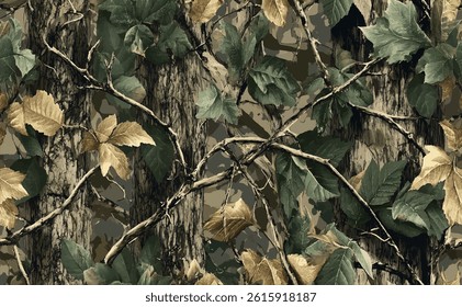 Realistic forest camouflage. Seamless pattern. Conifer tree, branches and leaves. Useable for hunting and military purposes.