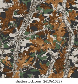 Realistic forest camouflage. Seamless pattern. Trees, branches, green and brown oak leaves. Useable for hunting and military purposes. Hunting camo texture. Abstract camouflage