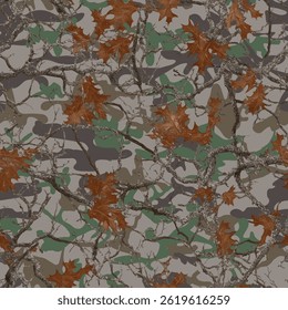 Realistic forest camouflage. Seamless pattern. Trees, branches, green and brown oak leaves. Useable for hunting and military purposes. Hunting camo texture. Abstract camouflage