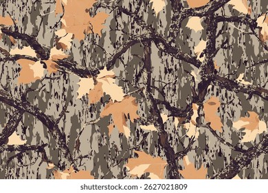 Realistic forest camouflage. Seamless pattern. Vector camouflage pattern. Deer hunting background. Conifer tree, branches and leaves. Useable for hunting and military purposes.