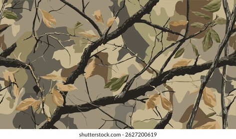 Realistic forest camouflage. Seamless pattern. Vector camouflage pattern. Deer hunting background. Conifer tree, branches and leaves. Useable for hunting and military purposes.