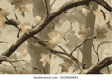 Realistic forest camouflage. Seamless pattern. Vector camouflage pattern. Deer hunting background.A camouflage pattern made of thick branches and twigs, designed for an outdoor adventure setting.