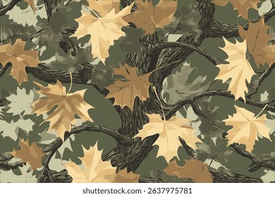 Realistic forest camouflage. Seamless pattern. Trees, branches, green and brown oak leaves. Useable for hunting and military purposes. Hunting camo texture. Abstract camouflage