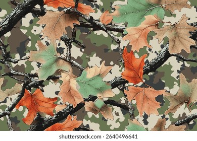 Realistic forest camouflage. Seamless pattern. Vector camouflage pattern. Deer hunting background. Conifer tree, branches and leaves. Useable for hunting and military purposes.