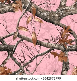 Realistic forest camouflage. Seamless pattern. Conifer tree, branches and leaves. Useable for hunting and military purposes.