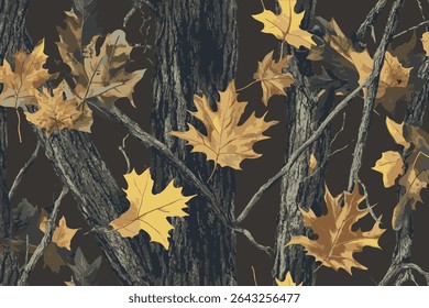 Realistic forest camouflage. Seamless pattern. Hunting camouflage pattern. Trees, branches,  brown leaves. Useable for hunting and military purposes.