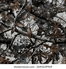 Realista camuflagem florestal. Padrão contínuo. Árvore conífera, ramos e folhas. Utilizável para caça e fins militares.