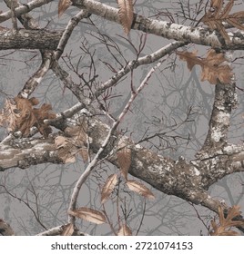 Realistic forest camouflage. Seamless pattern. Conifer tree, branches and leaves. Useable for hunting and military purposes. 
