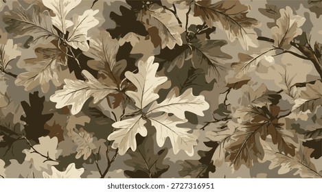 Realista camuflagem florestal. Padrão contínuo. Árvore, ramos, folhas de carvalho verde e marrom. Fundo cinza desfocado. Utilizável para caça e fins militares.