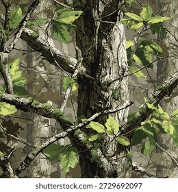 Realistic forest camouflage. Seamless pattern. Conifer tree, branches and leaves. Useable for hunting and military purposes.