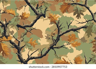 Realistic forest camouflage. Seamless pattern. Conifer tree, branches. Useable for hunting and military purposes. 