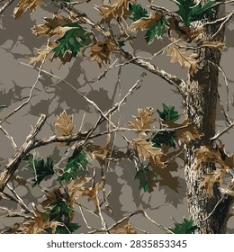 Realistic Forest Camouflage Seamless Pattern, Hunting Camouflage, Oak Leaves Tree Bark Branches Grey Brown Green Woodland Hunting Textile Tile