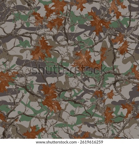 Realistic forest camouflage. Seamless pattern. Trees, branches, green and brown oak leaves. Useable for hunting and military purposes. Hunting camo texture. Abstract camouflage