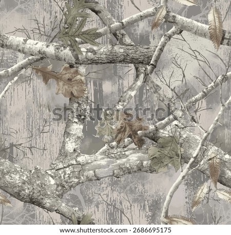 Realistic forest camouflage. Seamless pattern. Conifer tree, branches and leaves on grey facture background. Useable for hunting and military purposes.	

