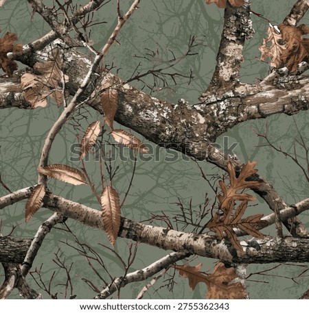 Realistic forest camouflage. Seamless pattern. Conifer tree, branches and leaves. Useable for hunting and military purposes.	