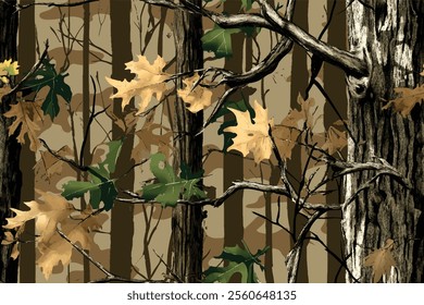 Realistic forest camouflage, seamless texture, military camouflage pattern, Army or hunting tree camo clothes. Camouflage wallpaper for textile and fabric. Fashion camo style. Vector