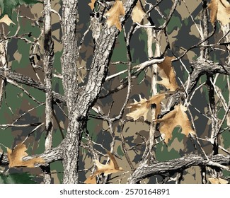 Realistic forest hunting camouflage seamless pattern. Vector hunting camo background. Tree pattern