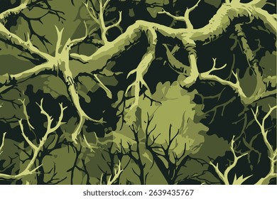 Realistic forest hunting camouflage seamless pattern with intricate tree branches and roots. Vector hunting camo background. Tree pattern
