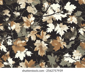 Realistic forest leaves camouflage pattern for hunting. Hunting Seamless pattern. Maple tree, branches and leaves. Useable for hunting and military purposes.