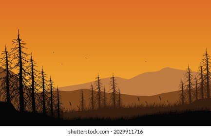 Realistischer Wald- und Bergblick am Rande der Stadt bei Sonnenuntergang. Vektorgrafik einer Stadt