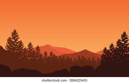Realistic forest and mountain views in the evening from the outskirts of the city. Vector illustration of a city