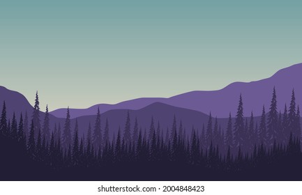 Bosque realista y vistas de montaña desde las afueras de la ciudad por la mañana. Ilustración vectorial de una ciudad