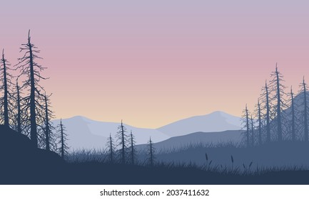 Realistic forest and mountains views from the out of the city at sunrise. Vector illustration of a city