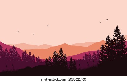 Realistic forest and mountains views from the suburb at sunset in the evening. Vector illustration of a city