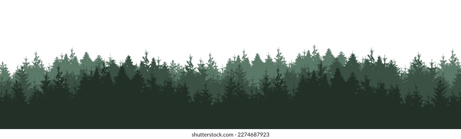 Realistic forest vector illustration wide panorama landscape - Green silhouette of fir and spruce woods trees, isolated on white background long