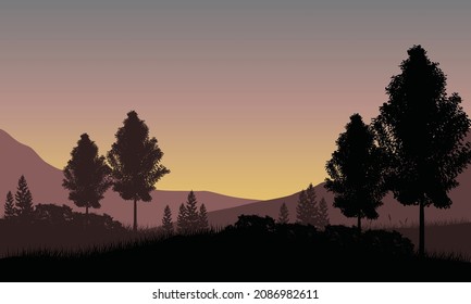 Realistic forest view of mountains from the suburb at dusk. Vector illustration of a city