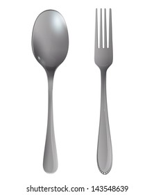 Realistic fork and spoon on white background. Vector design.